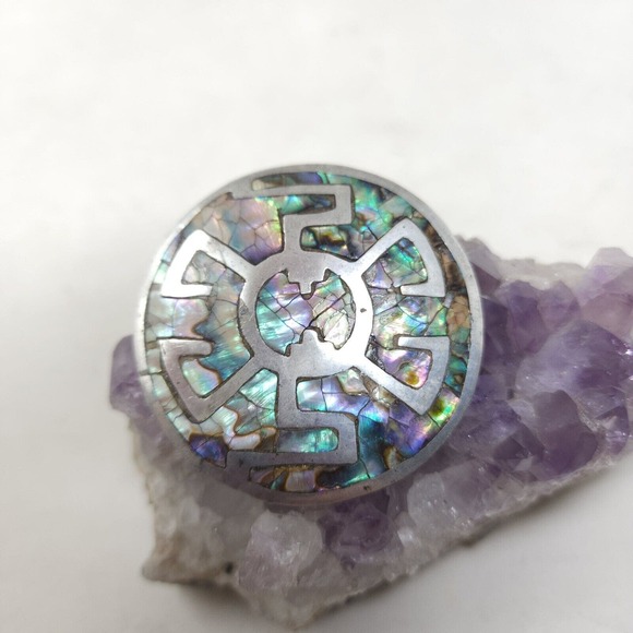 Vintage 925 Sterling Silver Brooch Pendant Taxco Mexico Abalone Inlay Greek Key - Picture 2 of 9